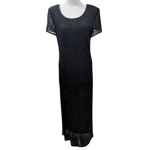 Vtg Jessica Howard Crochet Lace‎ Overlay Maxi Dress 10 Black Sparkle Lined Gown